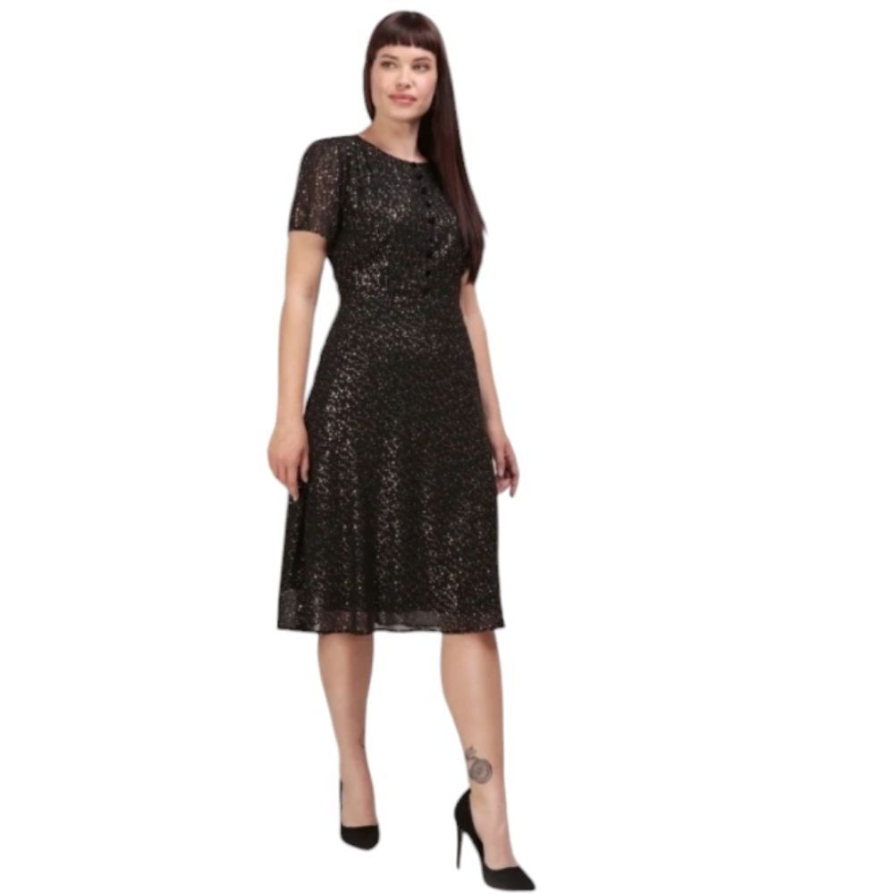 COLLECTIF black Evelina little stars gold foil metallic 40s style swing dress 8